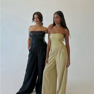 WEWOREWHAT Corset Wide Leg Jumpsuit Vegan Leather in Wheat Size 12